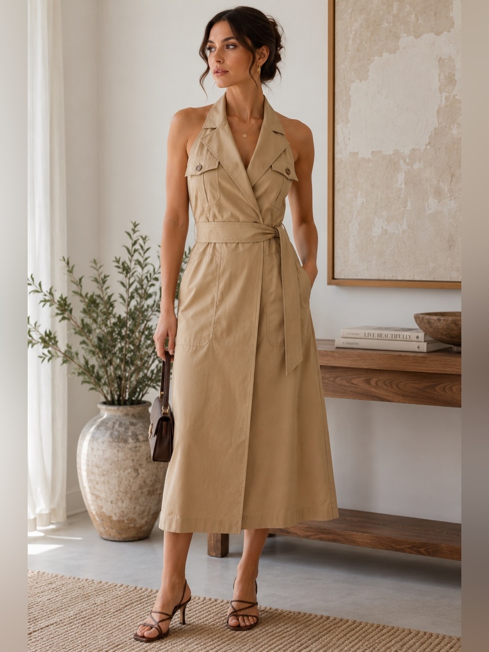 Veronica Beard Khaki Halter Trench Midi Dress Size 6